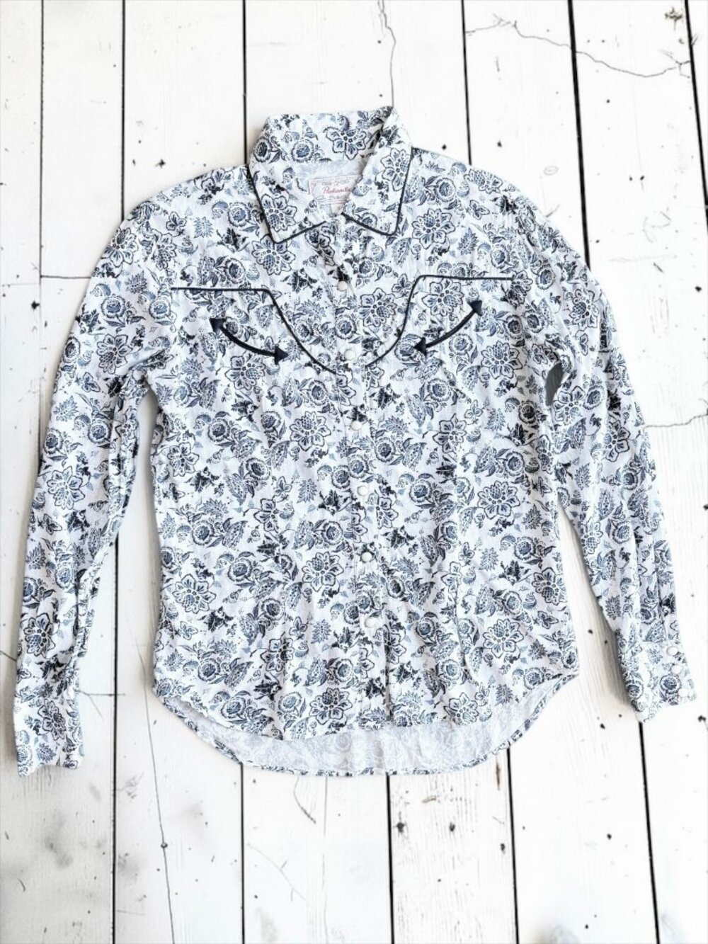 Panhandle Western Floral Pearl Snap Shirt Blue White Rayon Size S